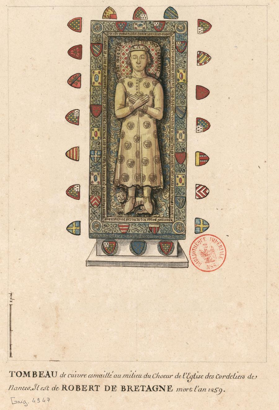 Dessin du tombeau de cuivre émaillé de Robert de Bretagne, Collection Gaignières